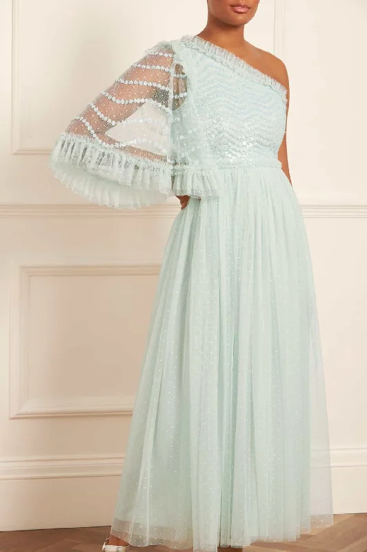 Price Reduction Shimmer Wave Gloss Bodice One-Shoulder Ankle Gown