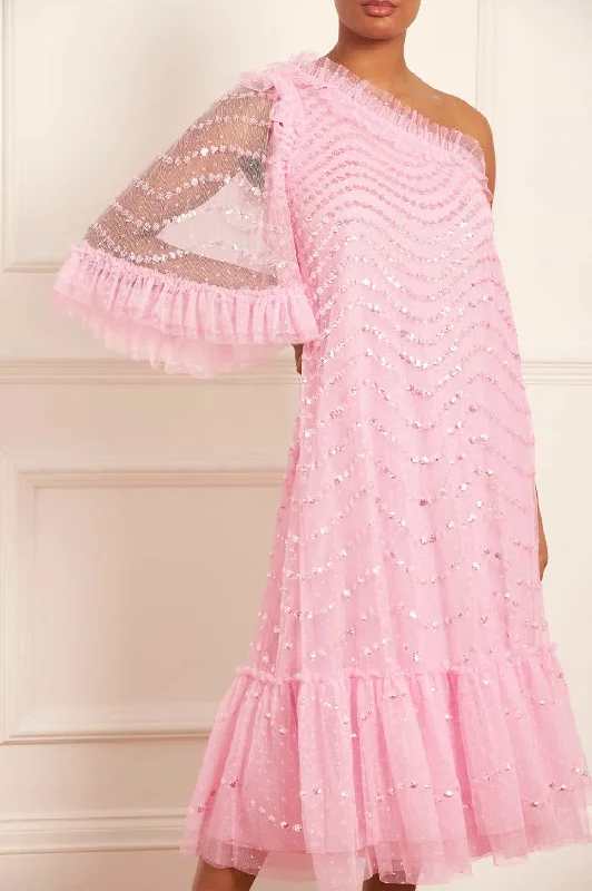 TIME-Limited Offer Shimmer Wave Gloss One-Shoulder Ballerina Dress