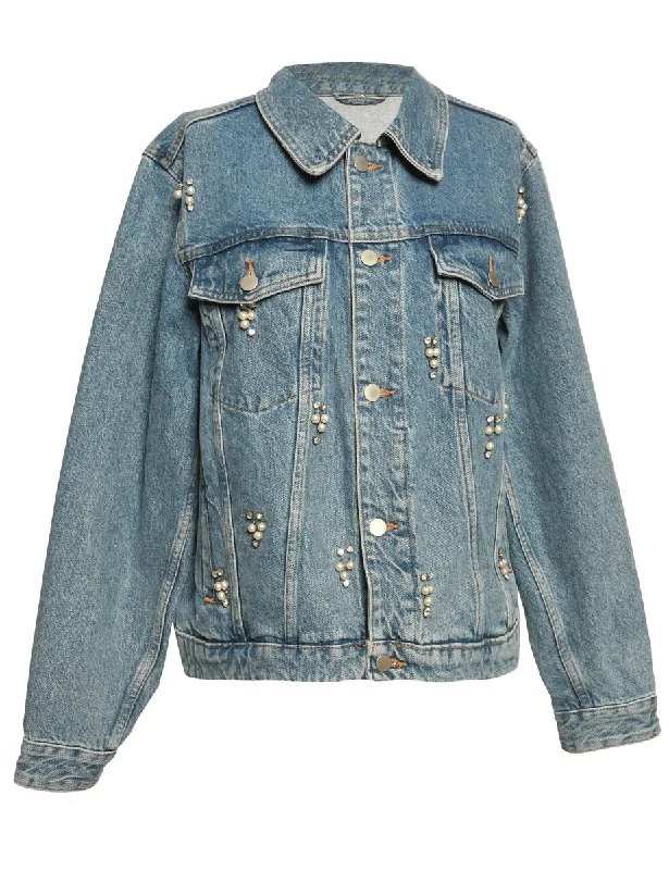 Light Wash Beaded Pearl Denim Jacket - M