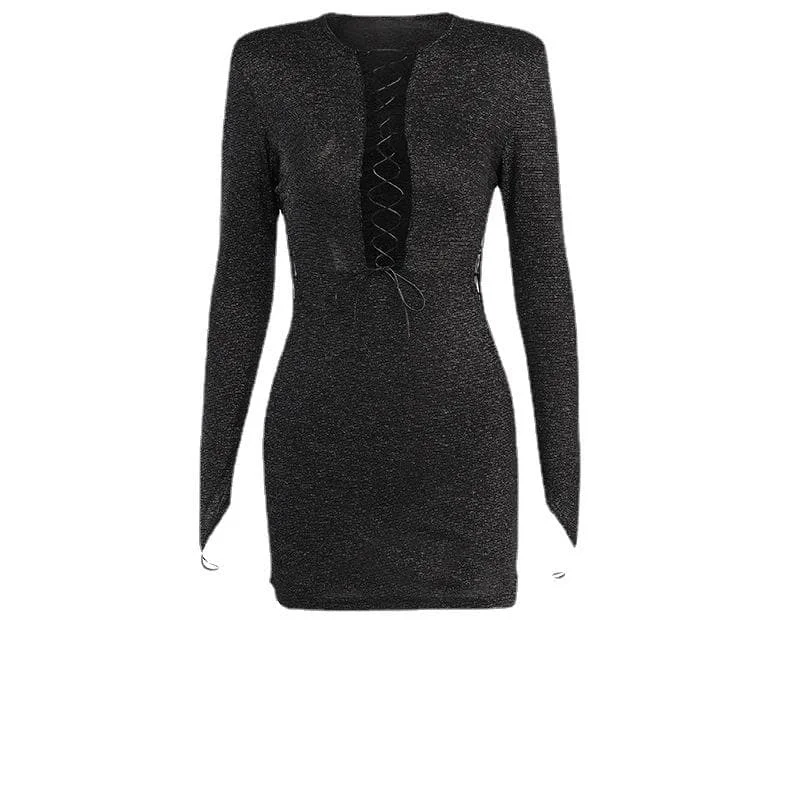 Take Advantage BerryBetty - Long sleeve hollow out lace up gloves textured mini dress - Final Sale