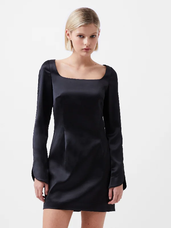 Seasonal Clearance Structured Satin Long Sleeve Scoop Neck Mini Dress