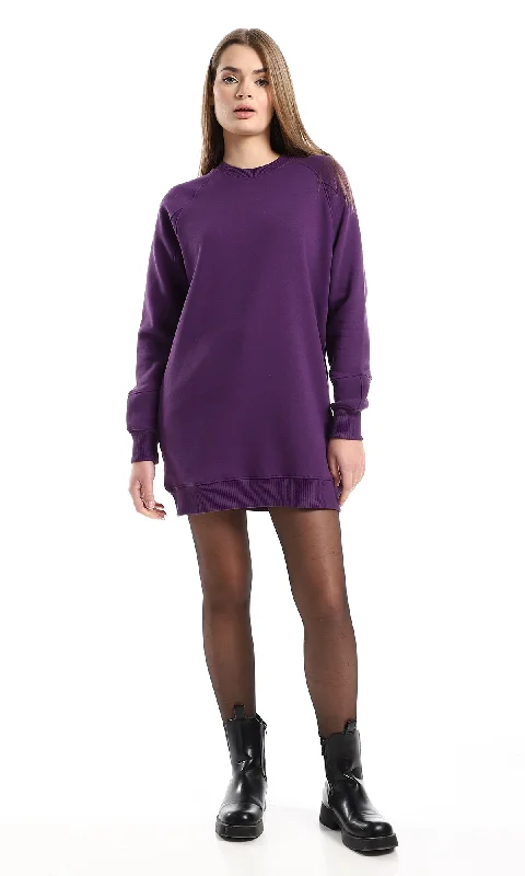 O155703 Plain Purple Slip On Round Neck Long Sweatshirt