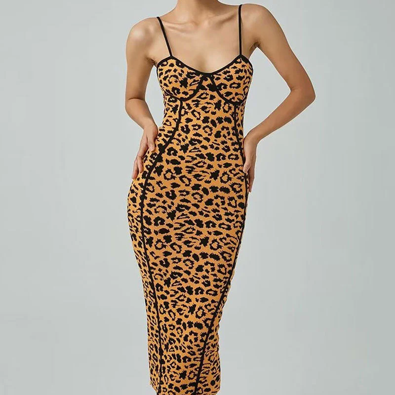 Unbeatable Prices BerryBetty - Alluring Sleeveless Bodycon Leopard Sweater Midi Dress - Leopard