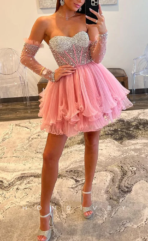 Stock Up and Save H2098 - Sexy Glitter A-Line Empire Sweetheart Strapless Long Sleeves Short Party/Homecoming Dress