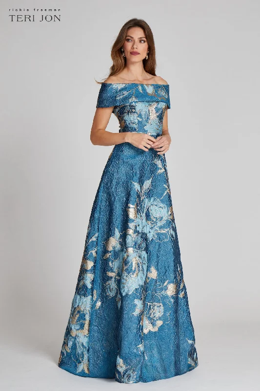 Epic Deals Large Floral Pattern Jacquard Off the Shoulder Gown