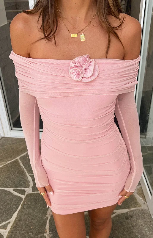 Online Only Bree Pink Mesh Long Sleeve Mini Dress