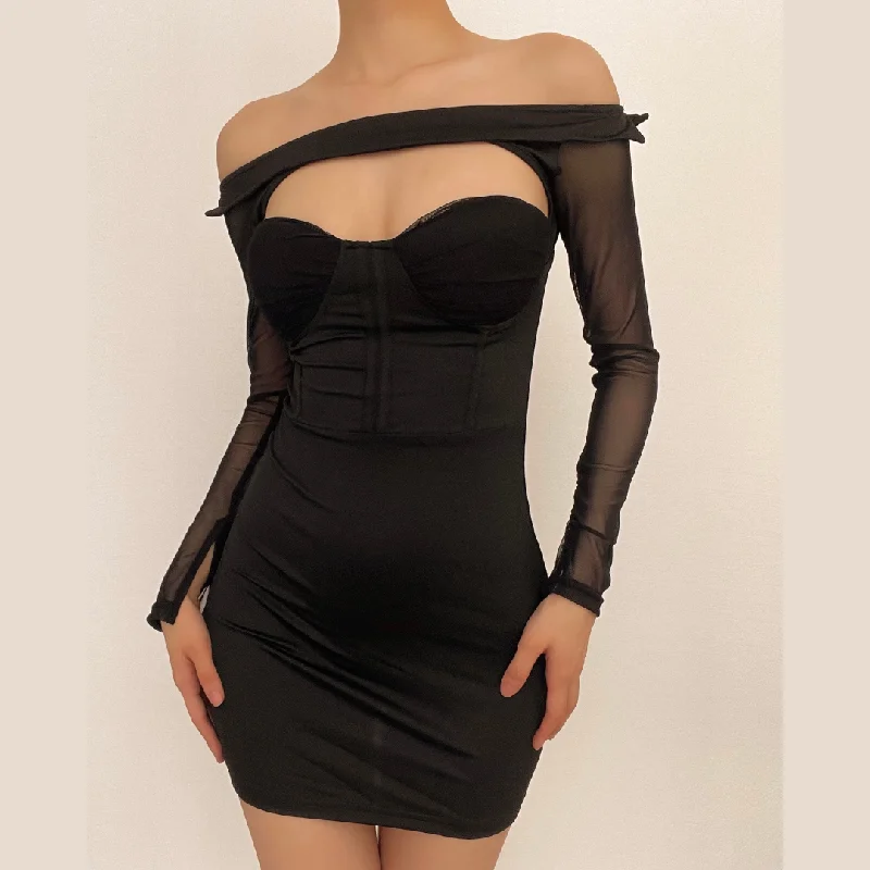 YEAR-End Clearance BerryBetty - Off shoulder mesh solid hollow out long sleeve mini dress