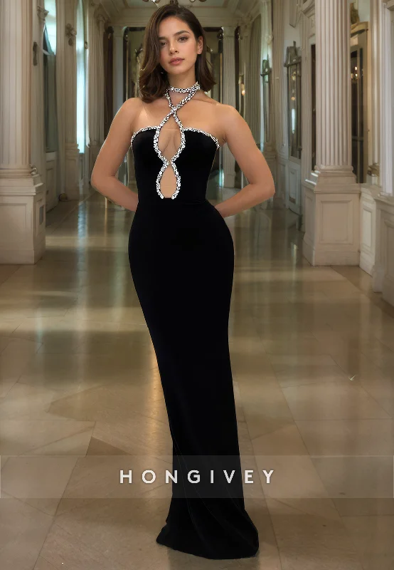 Bargain Bin L2054 - Sexy Satin Fitted Illusion Beaded High Neck Empire Floor-Length Party Prom Evening Dress Bargain Bin L2054 - Sexy Satin Fitted Illusion Beaded High Neck Empire Floor-Length Party Prom Evening Dress