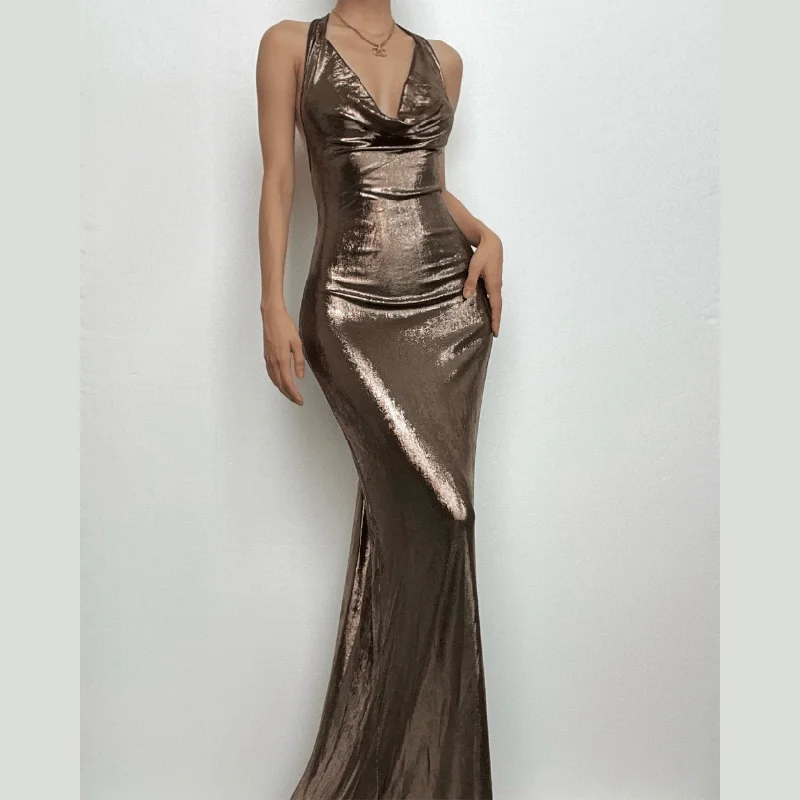Crazy Deals BerryBetty - Metallic cowl neck ruched halter backless maxi dress