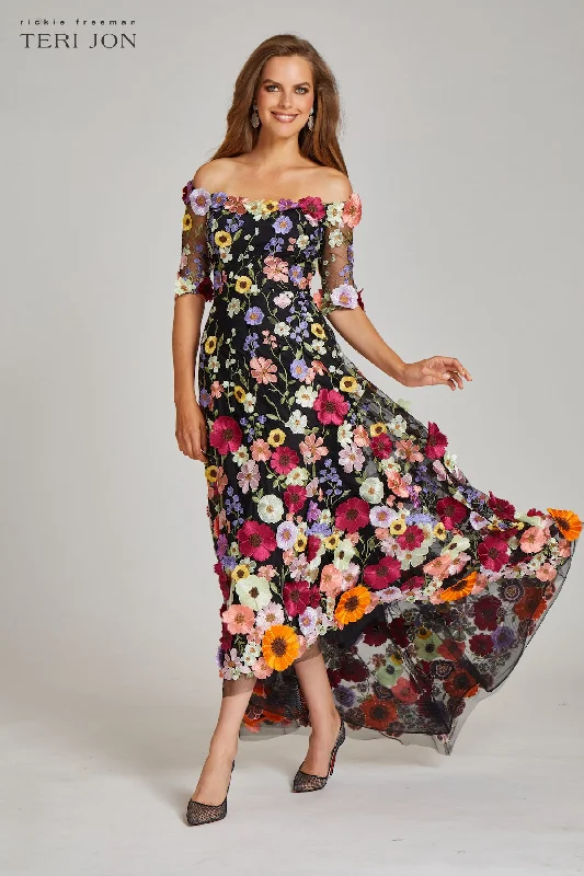 Overstock Off the Shoulder Floral Appliqued Lace High Low Dress