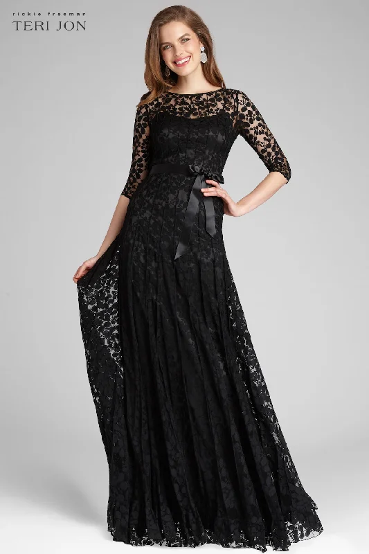 Instant Discount 3/4 Sleeve Lace Illusion Gown with Bow