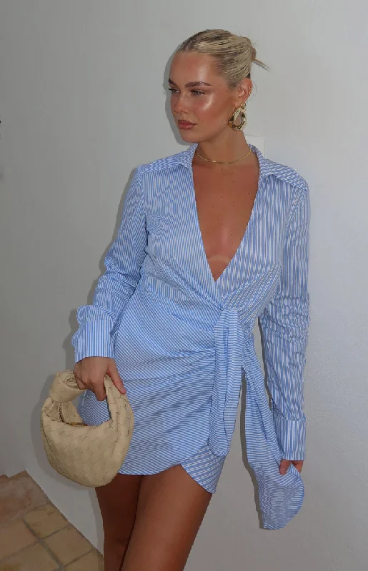 Low Prices Holly Blue Stripe Tie Up Shirt Mini Dress