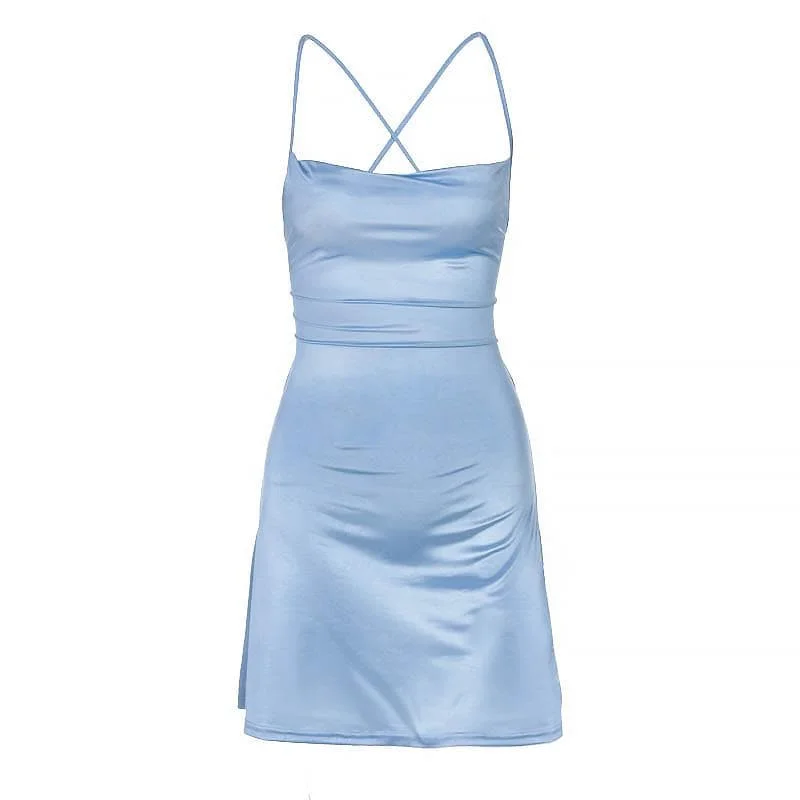 Deal of the Week BerryBetty - Cross back solid satin cowl neck lace up self tie backless mini dress