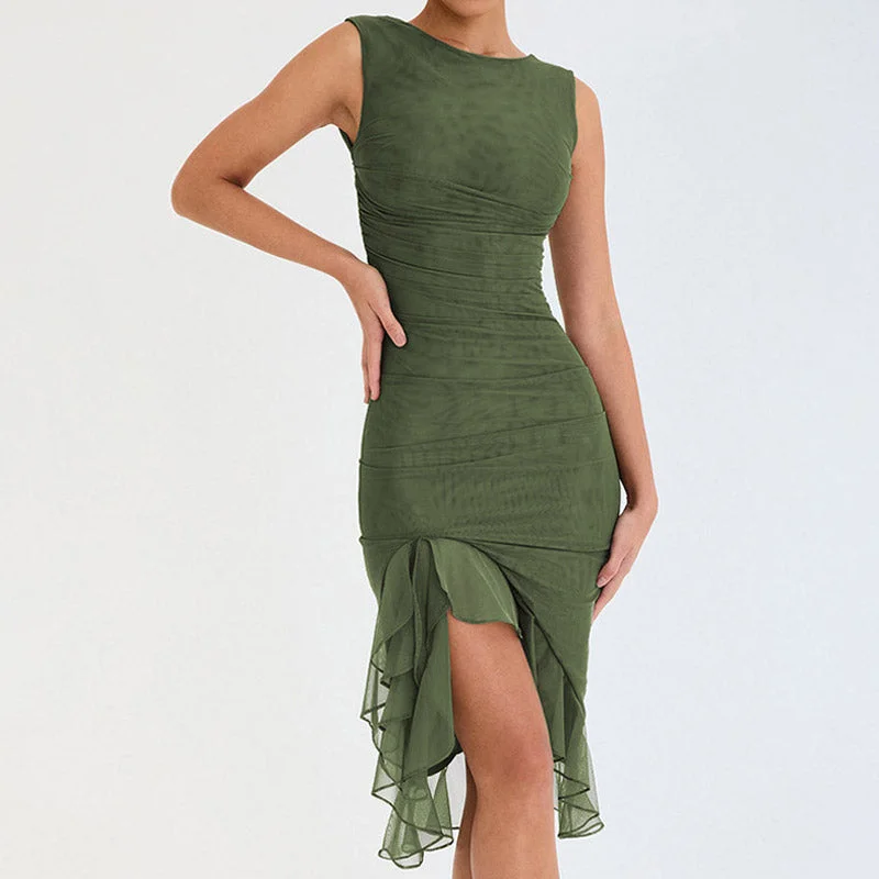 Big Discounts BerryBetty - Ruched Crew Neck Sleeveless Bodycon Ruffle Cocktail Midi Dress - Army Green Big Discounts BerryBetty - Ruched Crew Neck Sleeveless Bodycon Ruffle Cocktail Midi Dress - Army Green