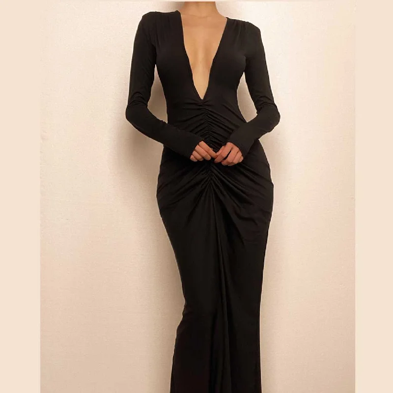 Flash Deals BerryBetty - Ruched long sleeve v neck solid 2-way maxi dress