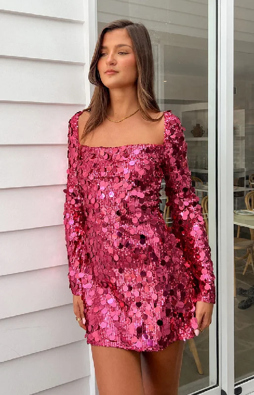 Incredible Offers Marienne Pink Sequin Long Sleeve Mini Dress