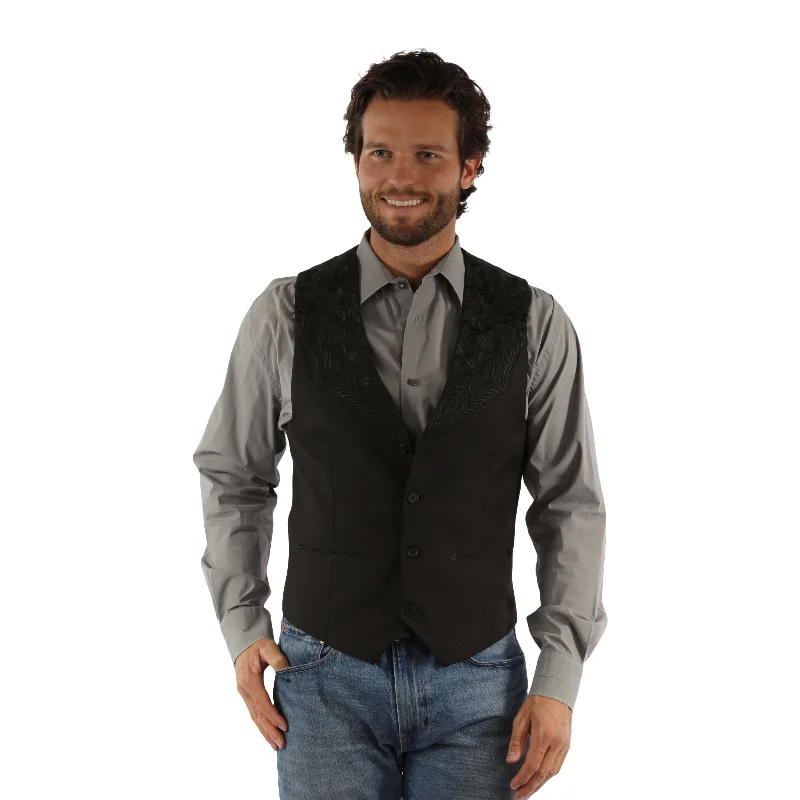 Savings Alert Scully Men's Floral Tooled Jet Black Vest P-839_JET