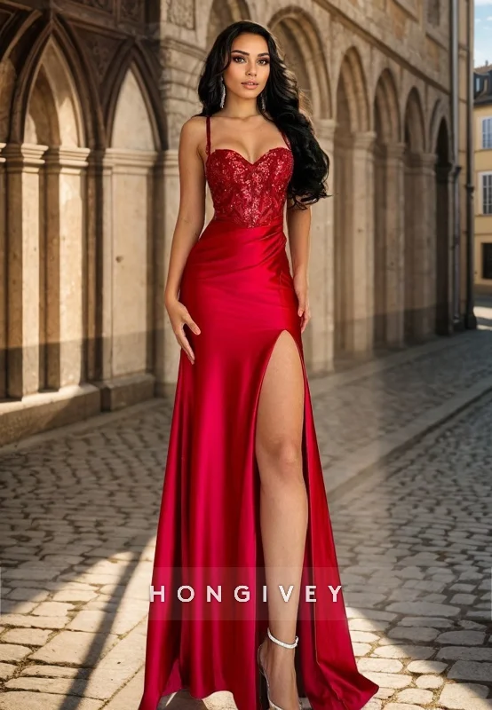 Deal Mania L1374 - Sexy Red Sweetheart Spaghetti Straps Sequins With Side Slit Party Prom Evening Dress Deal Mania L1374 - Sexy Red Sweetheart Spaghetti Straps Sequins With Side Slit Party Prom Evening Dress