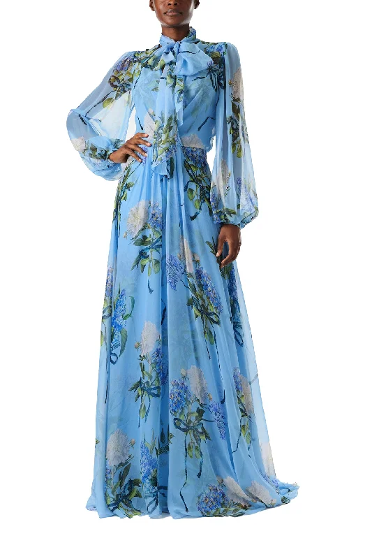 Low Prices Floral Printed Chiffon Long Sleeve Gown