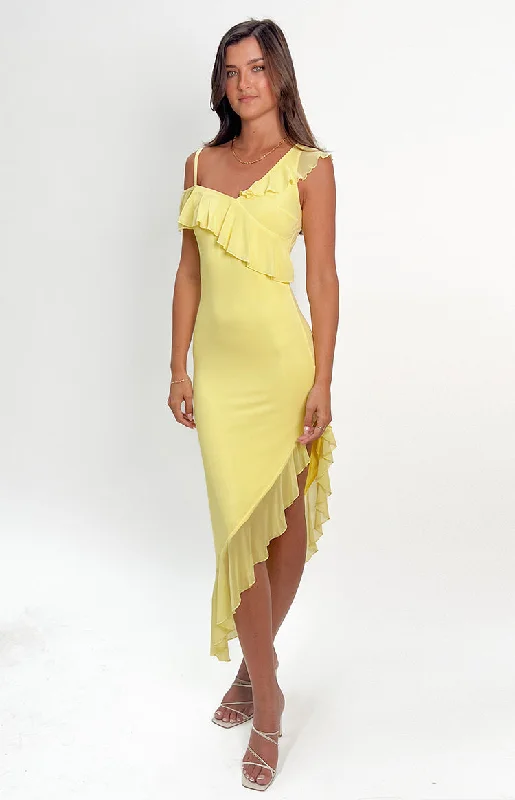 Price Cut Everleene Yellow Ruffle Mesh Midi Dress
