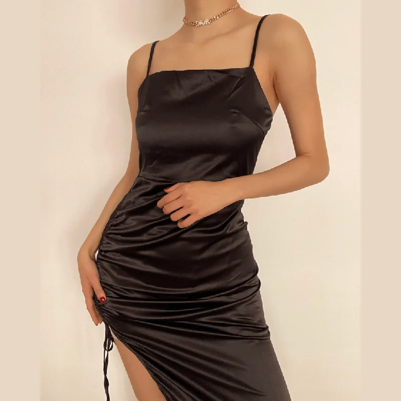 Steals and Deals BerryBetty - Square neck drawstring ruched slit satin midi dress