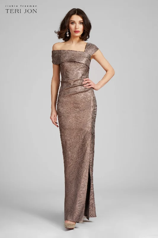 Limited Time Metallic Jacquard Asymmetrical Shoulder Gown