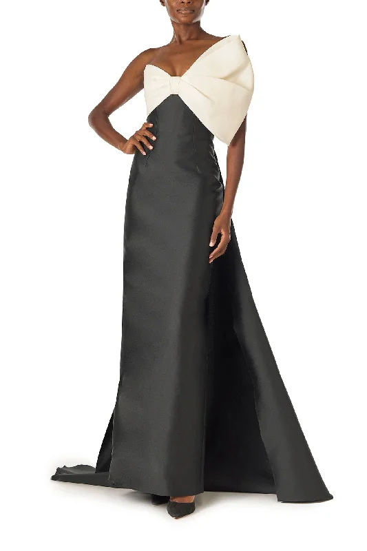 Midnight Madness Asymmetric Draped Bow Column Gown