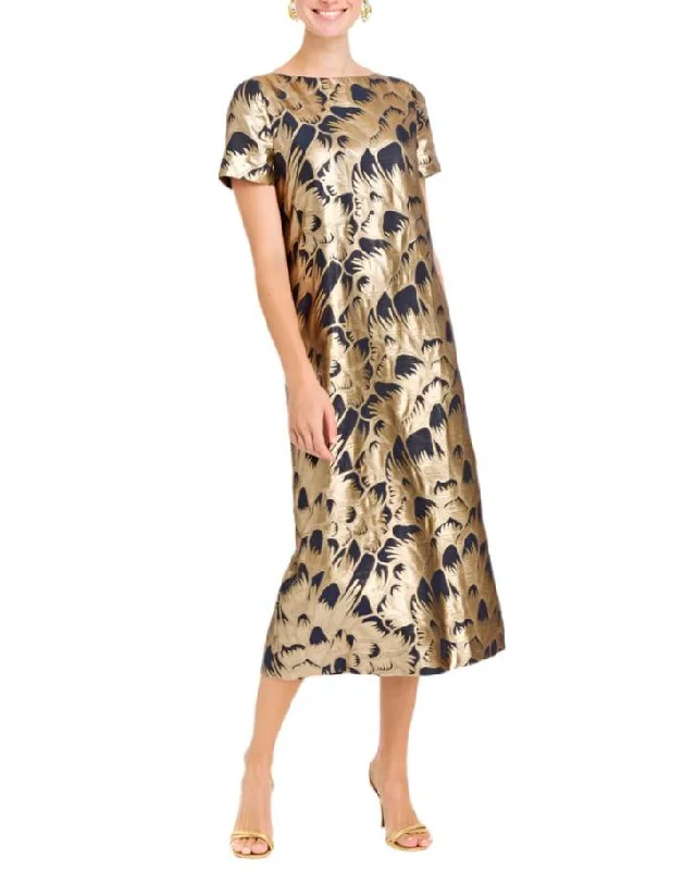 Shop and Save Adria Midi Dress in Navy/Gold Jacquard