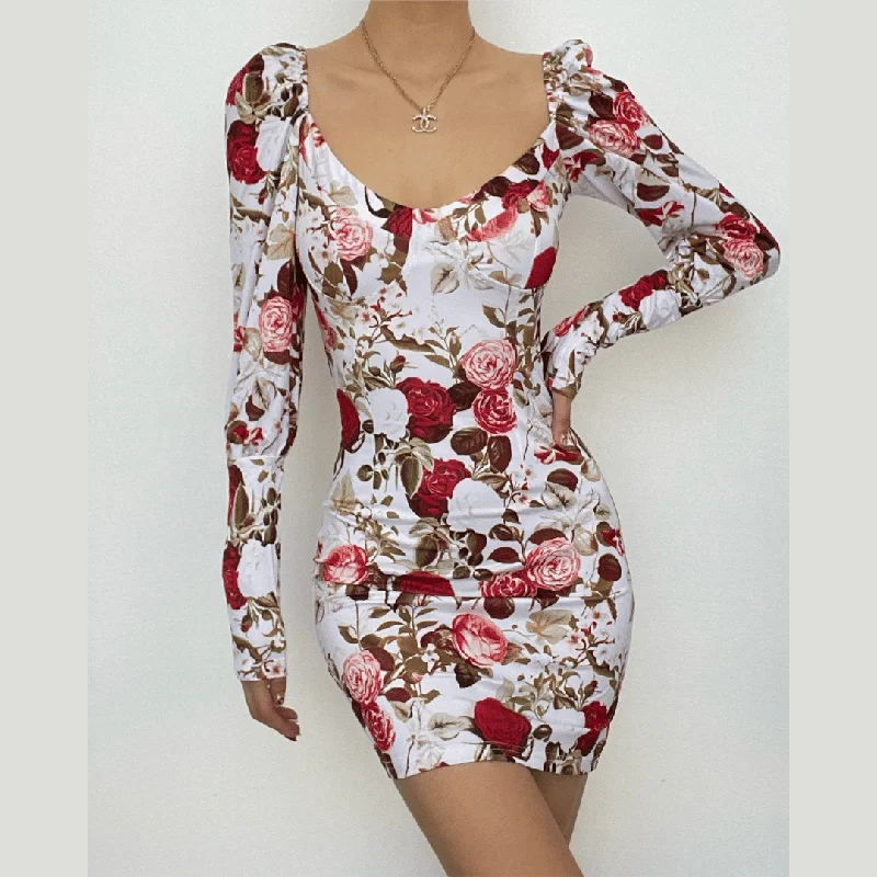 The Best Prices BerryBetty - Square neck long sleeve contrast flowers print mini dress
