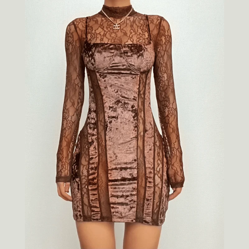 Extra Savings BerryBetty - Velvet patchwork high neck long sleeve lace mini dress