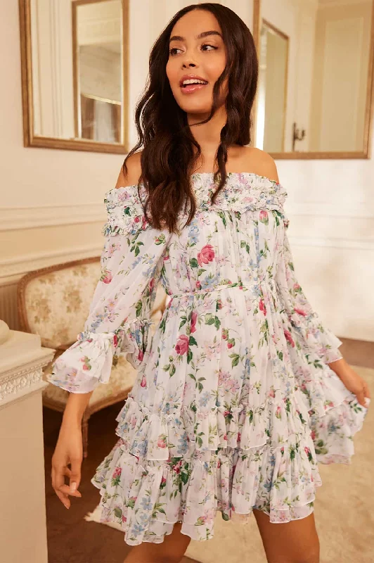 Today Only Floral Fantasy Chiffon Off-Shoulder Micro Mini Dress