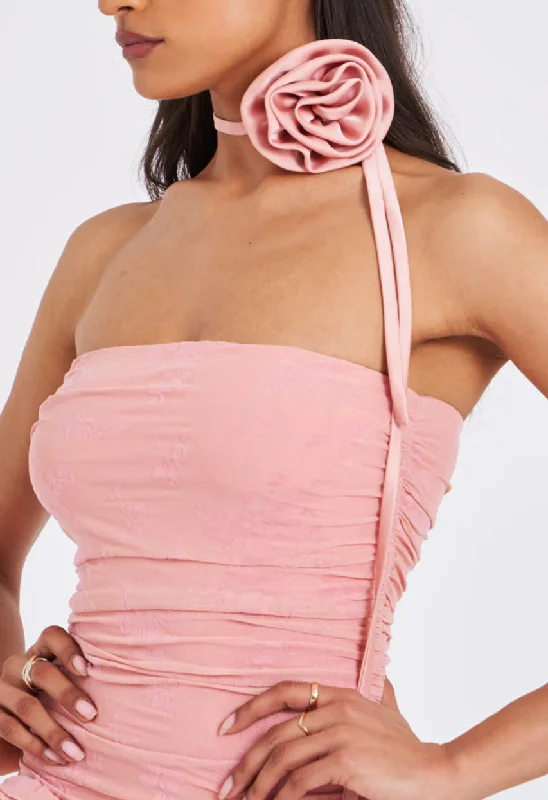 Extra Savings SATIN SALMON PINK ROSE CHOKER NECKLACE