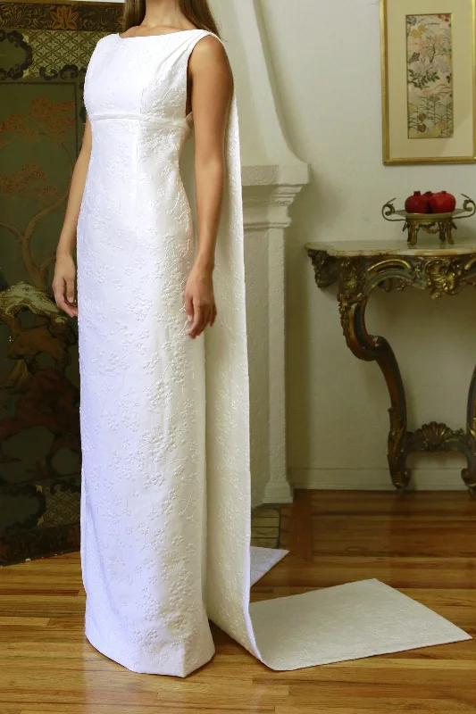 Flash Sale Bateau Neck Column Panel Back Gown in French White On White Brocade