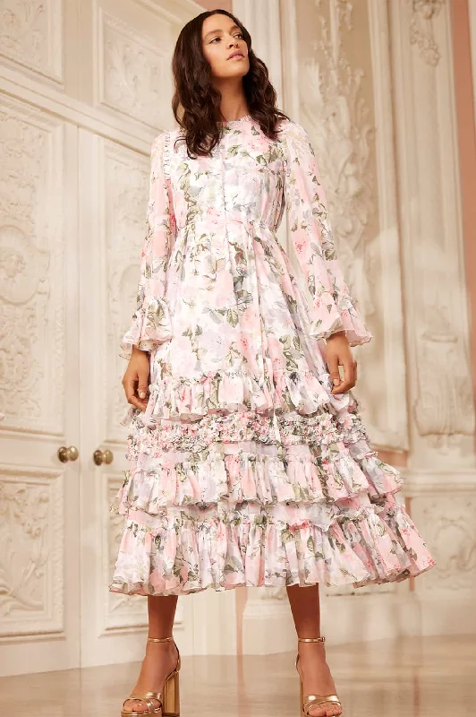 Hurry In Rose Powder Chiffon Round Neck Ankle Gown