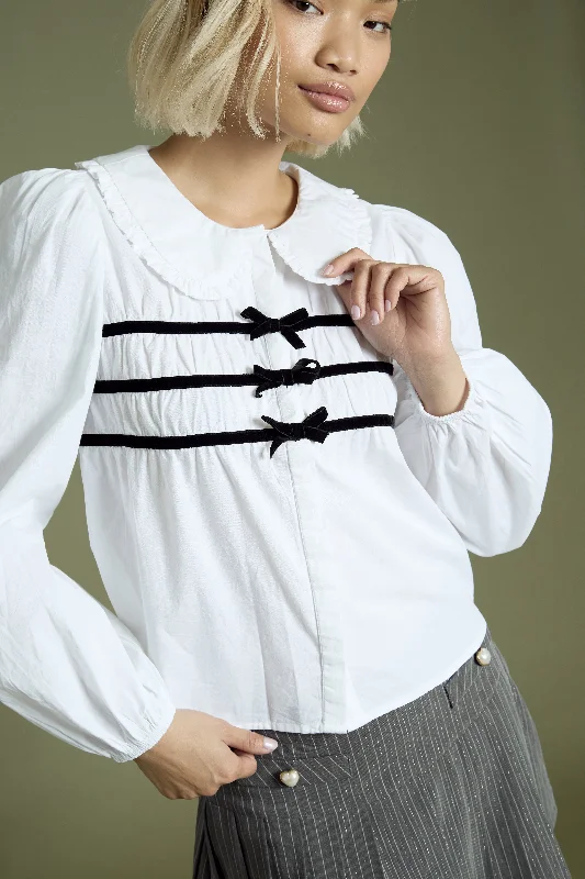 Super Deal Lily Velvet Bow Trim Blouse