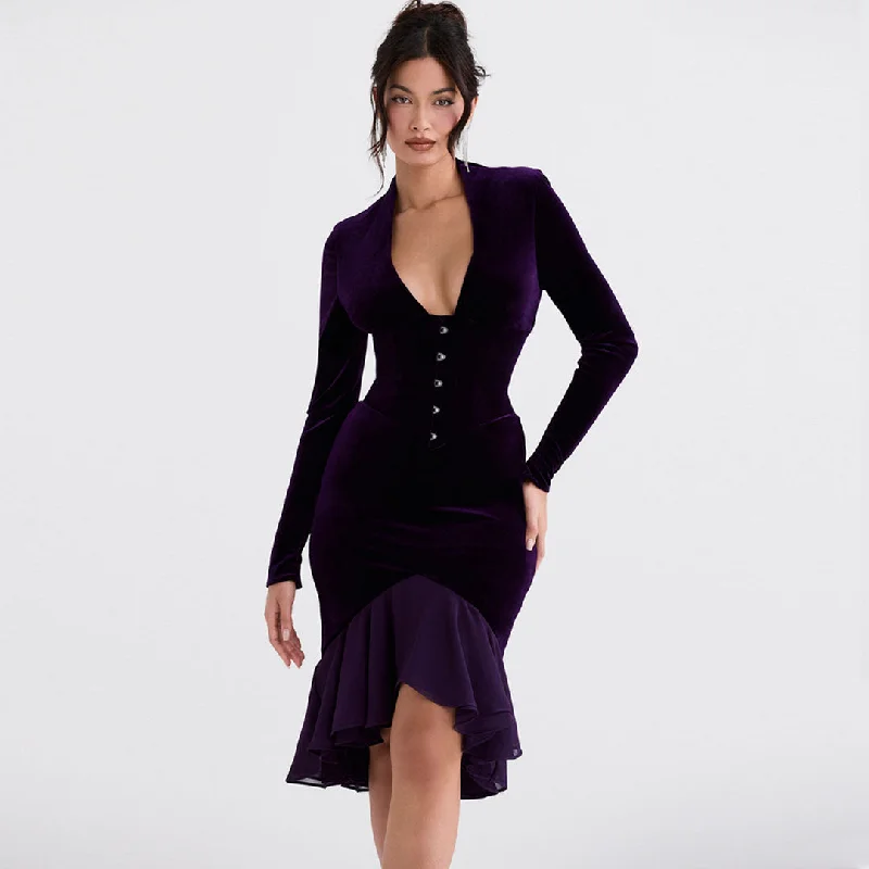 Weekend Deal BerryBetty - High Low Mesh Panel Ruffle Hem Long Sleeve Velvet Mini Dress - Purple Weekend Deal BerryBetty - High Low Mesh Panel Ruffle Hem Long Sleeve Velvet Mini Dress - Purple