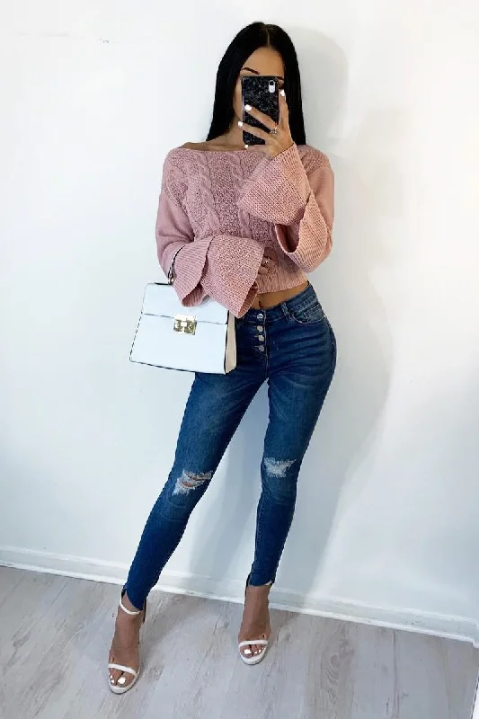 Closeout Dusty Pink Chunky Knit Sleeve Detail Jumper - Lillienne