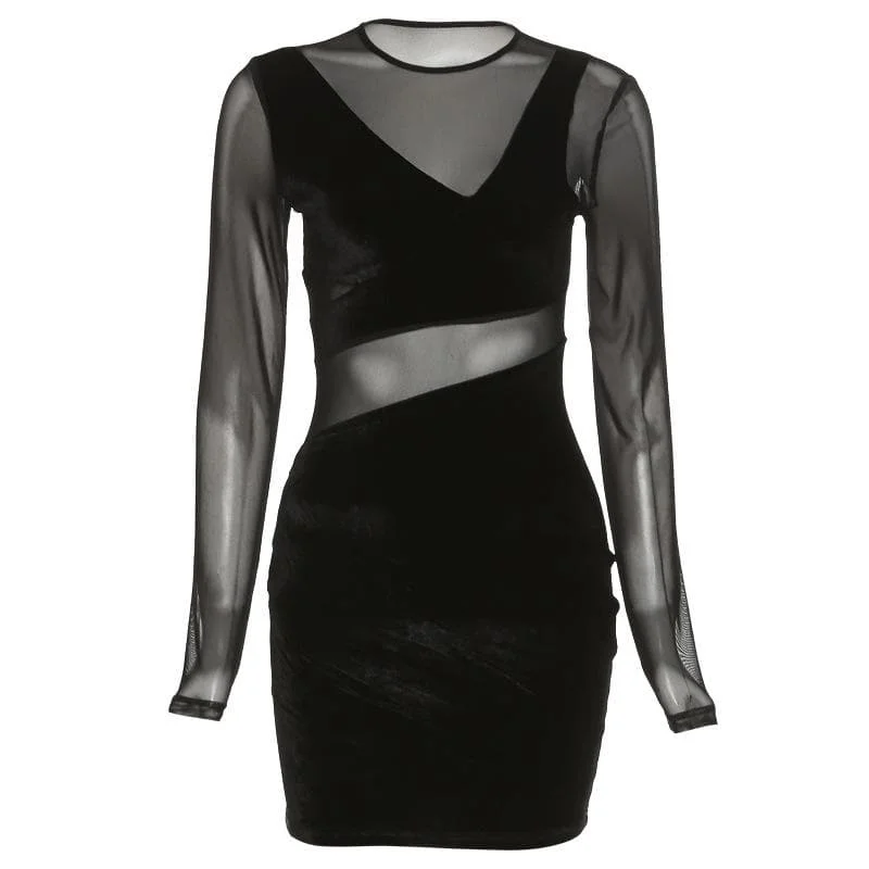 Final Markdown BerryBetty - Mesh velvet solid low cut irregular long sleeve mini dress
