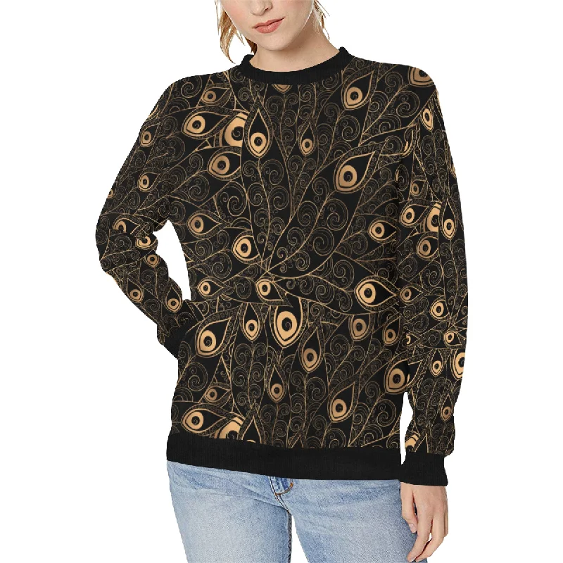 Gold peacock feather pattern Women's Crew Neck Sweatshirt