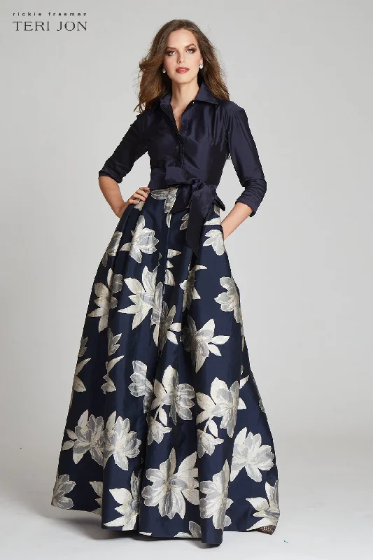Unmissable Offer Shirt Waist Jacquard Gown with Large Floral Print Skirt