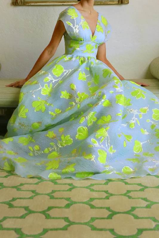 Exclusive Online Offer V Neck Full Skirt Waist Gown in Aqua, Gold, and Chartreuse