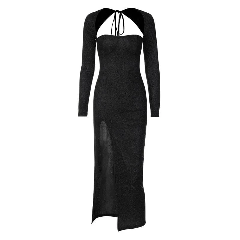 Weekend Deal BerryBetty - Textured long sleeve lace up self tie slit irregular ruched midi dress