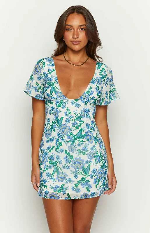 Buy Now Mira Blue Floral Chiffon Mini Dress