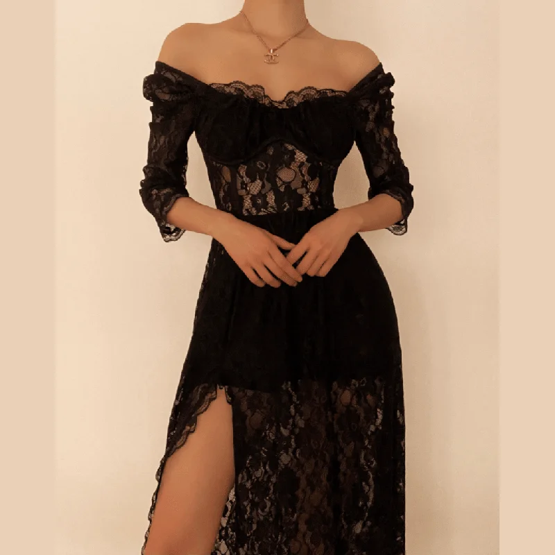 Savings Galore BerryBetty - Square neck hem lace slit long sleeve midi dress