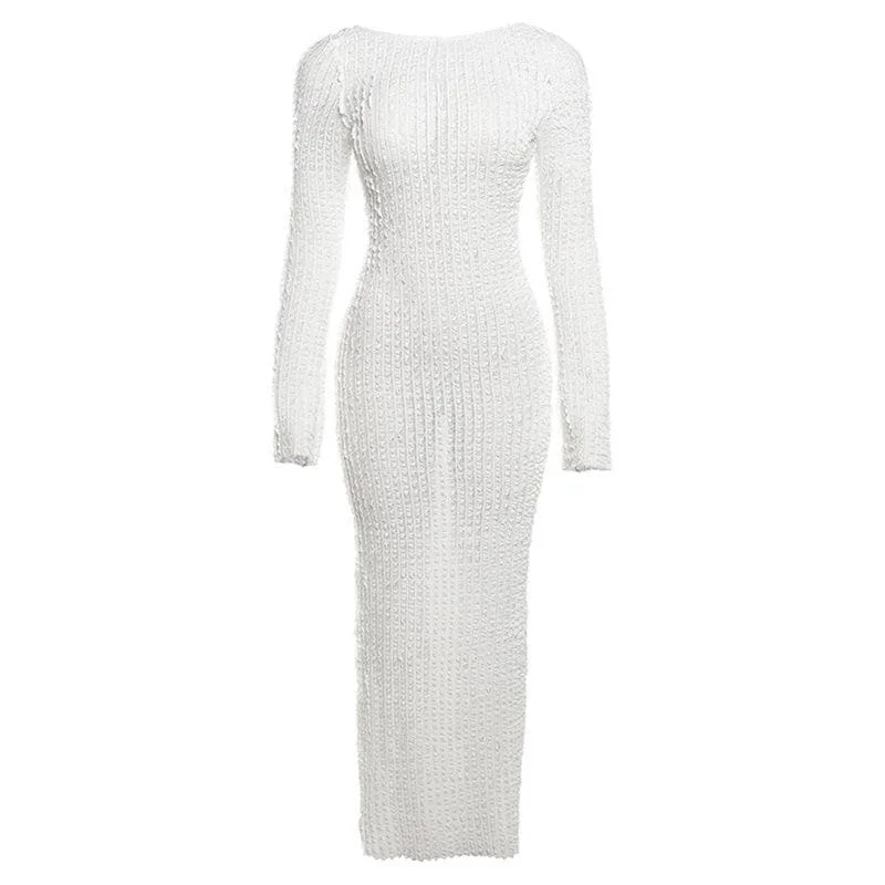 Customer Appreciation Sale BerryBetty - Textured slit ruffle long sleeve solid crewneck maxi dress