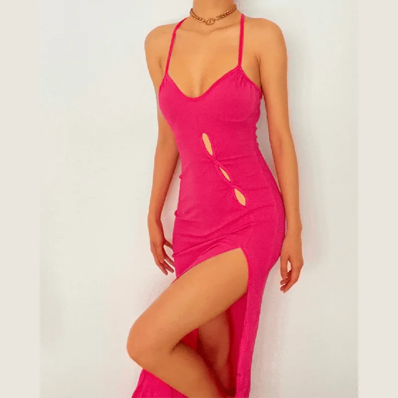 Overstock Sale BerryBetty - Cross open back hollow out slit ribbed maxi dress