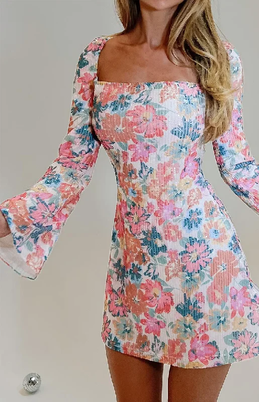 Super Sale Marienne Pink Sequin Floral Print Mini Dress