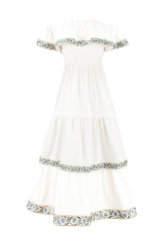 Bargain Bin Carnation Ruffle Dress in Off-White & Blue