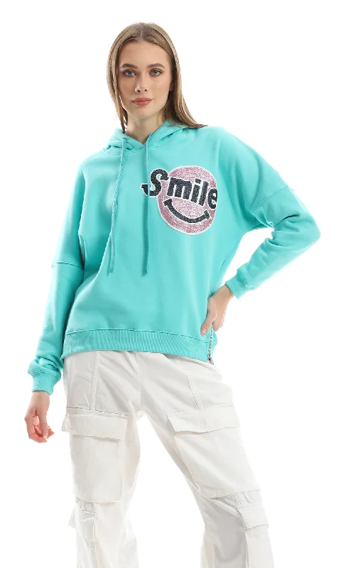 O155692 Turquoise Fleece Hoodie With Chest Patched Sequins