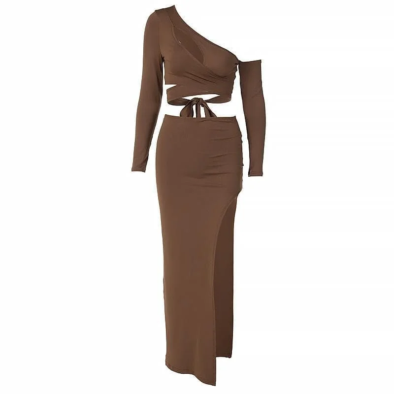 The Best Prices BerryBetty - Asymmetrical solid long sleeve self tie skirt set